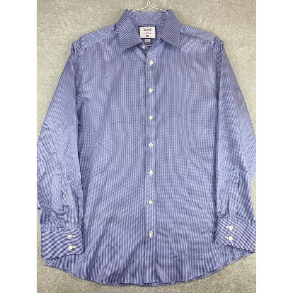Charles Tyrwhitt Mens 16.5X34 Slim Fit Non-Iron Blue Houndstooth Dress Shirt